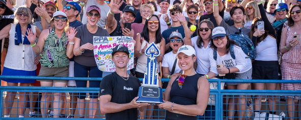 Anna Bright and Hayden Patriquin celebrating winning the mixed doubles title at the Rate Las Vegas Open presented by JOOLA.