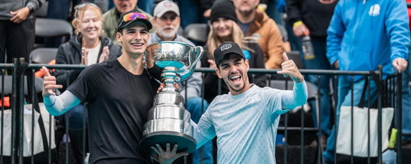 Elliott Schupp and Jaume Martinez Vich celebrating their men's doubles title in Virginia Beach.