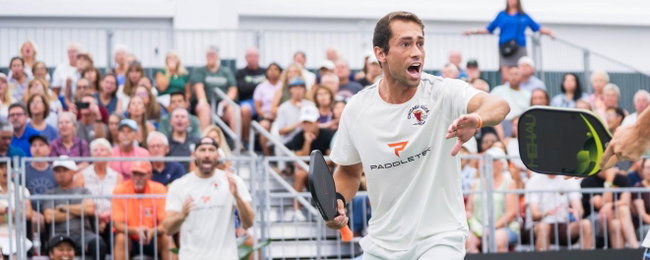 Zane Navratil yelling on the pro pickleball court.